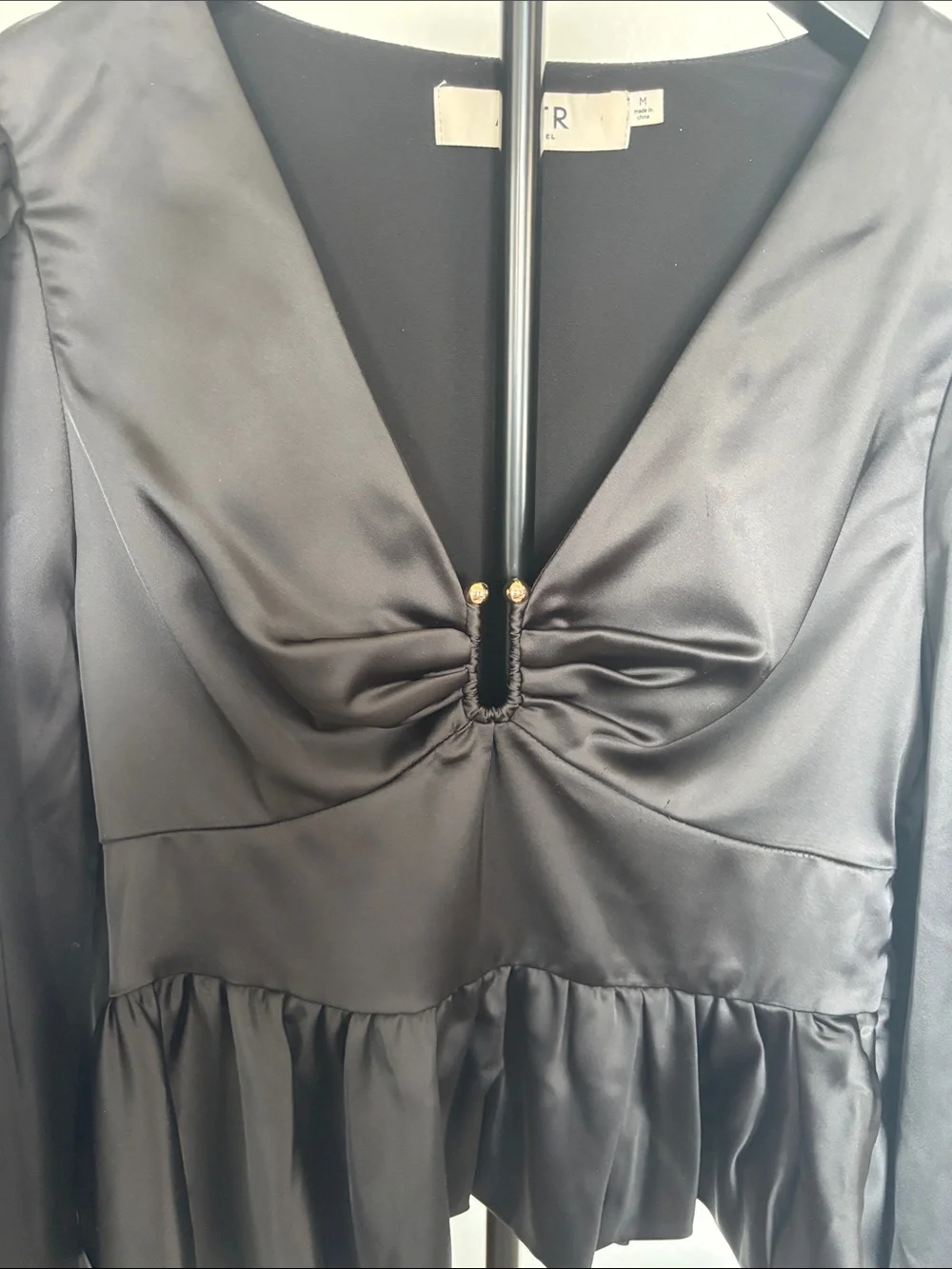 Astr Black Satin V-Neck Peplum Blouse with Puff Sleeves